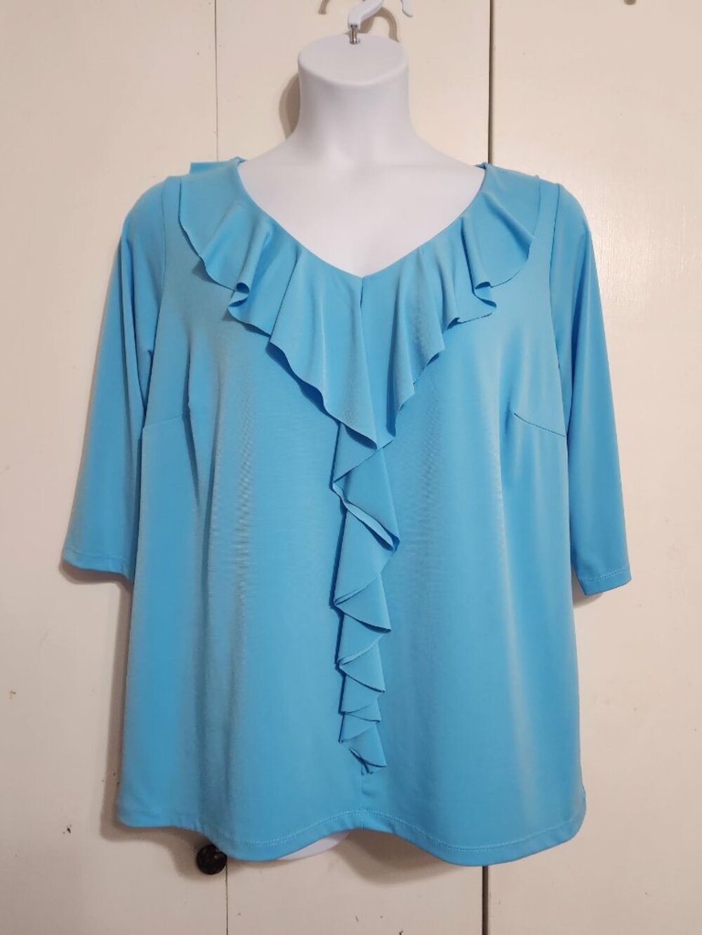 IN STUDIO 1X Blue Medieval Romantic Cascade Ruffle V-Neck Top 3/4 Sleeve Top